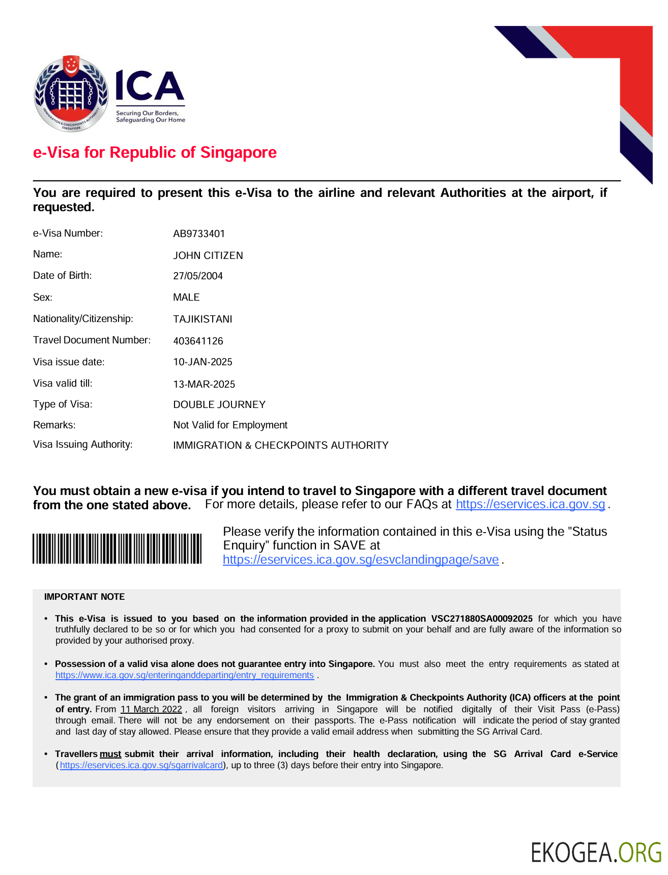 Modèle de visa électronique pour Singapour aux formats Word et PDF, version 2